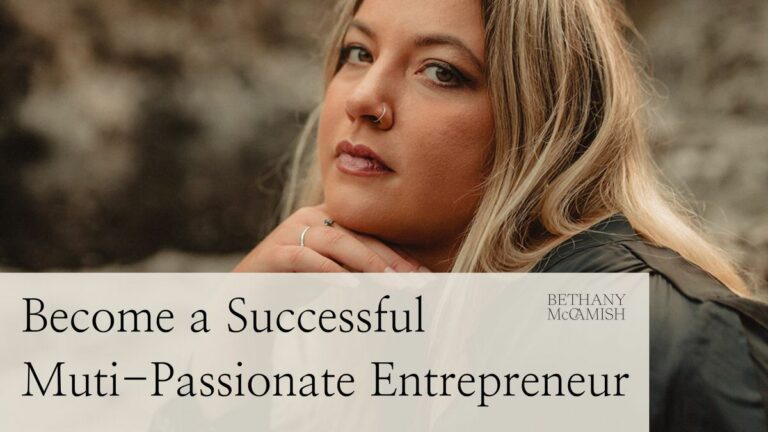 A woman looking to the side while resting her head on her fist. Over the image is a box with text that reads "Become a successful multi-passionate entrepreneur".